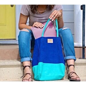 SSEKO DESIGNS Cobalt & Turquoise Blue NWT Genuine Suede Bucket Shoulder Bag Tote